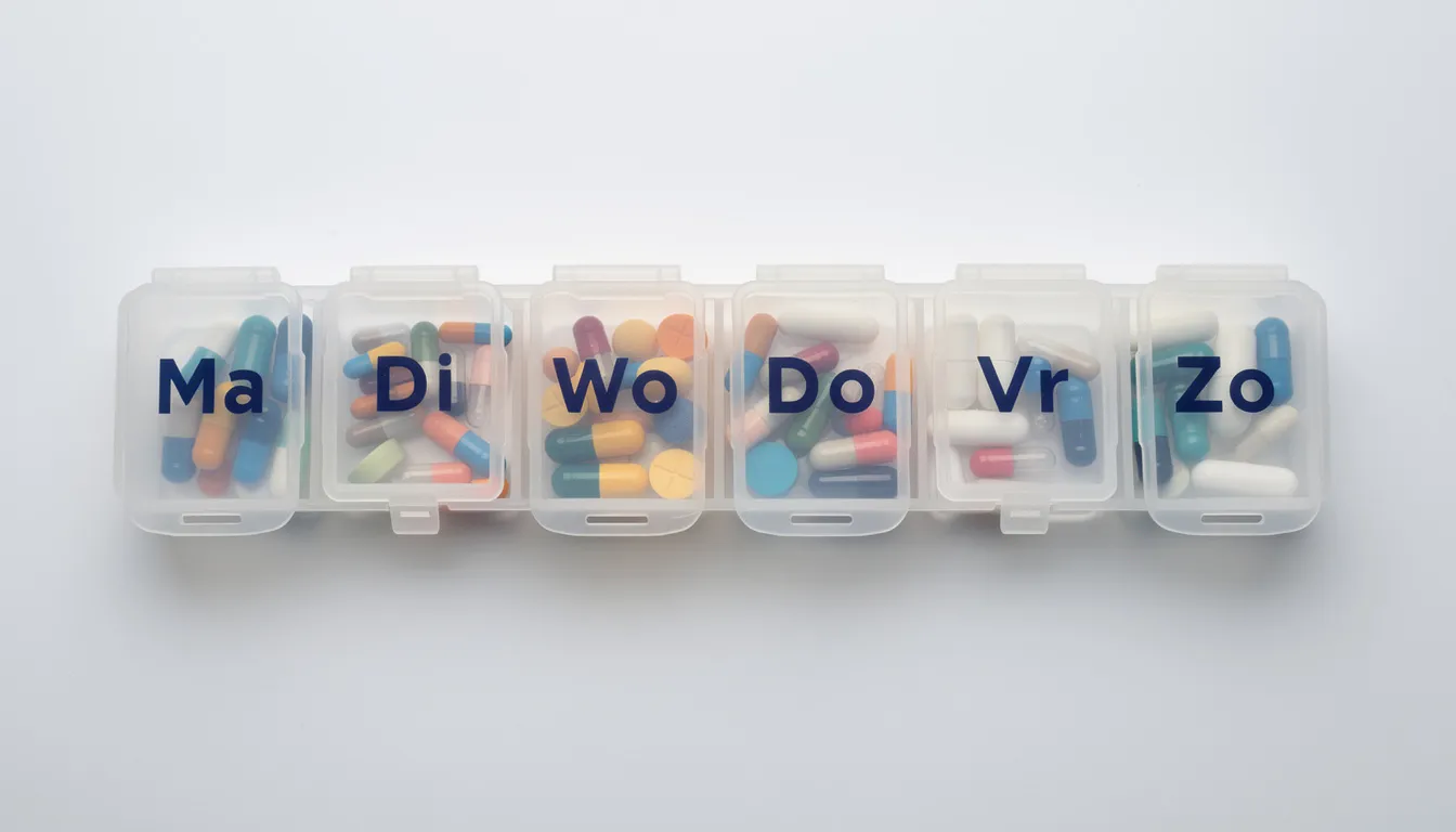 Een pillenorganizer met verschillende vakjes voor elke weekdag, ideaal voor het beheren van medicatie zoals alprazolam en andere geneesmiddelen. Deze organizer helpt patiënten bij het volgen van hun inname en voorkomt onregelmatige ademhaling of andere bijwerkingen.