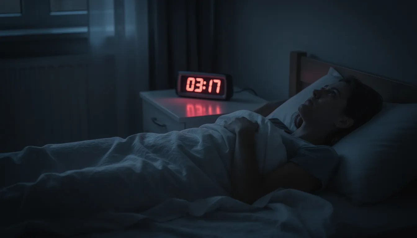 Een persoon ligt wakker in bed in een donkere slaapkamer, terwijl een digitale wekker op het nachtkastje de tijd aangeeft. De situatie kan wijzen op slapeloosheid of de effecten van slaapmedicatie zoals zopiclon, wat kan leiden tot slaperigheid overdag en psychische klachten.