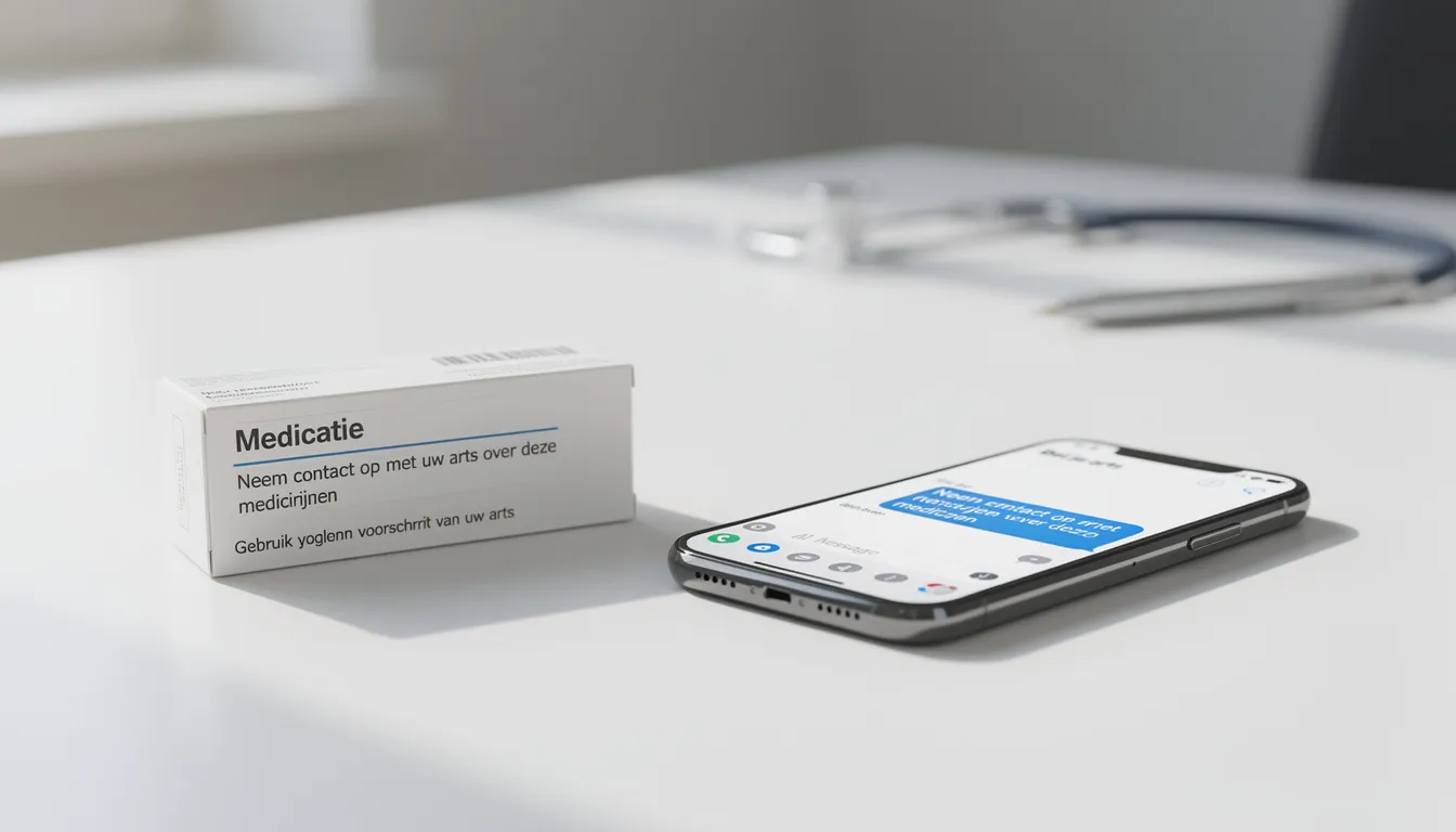 De afbeelding toont een telefoon naast een medicijndoosje, wat suggereert dat er mogelijk contact met een arts is over het gebruik van zopiclon voor ernstige slaapstoornissen. Het doosje bevat belangrijke informatie over bijwerkingen en dosering van het medicijn.