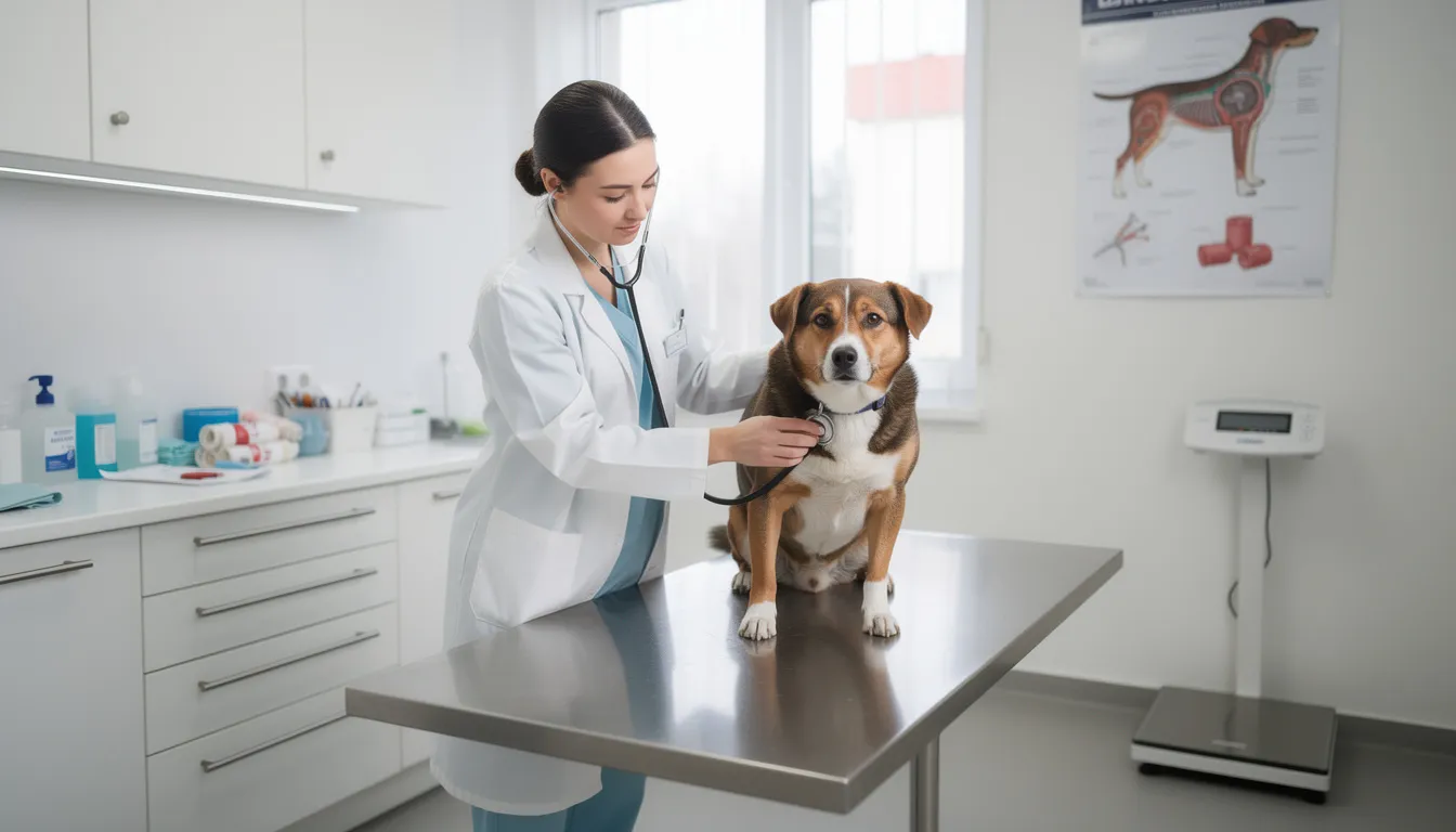 Een dierenarts onderzoekt een hond in een behandelkamer, waarbij hij aandacht heeft voor de gezondheid van het huisdier. Op de tafel liggen verschillende medicatie, waaronder diazepam en midazolam, die gebruikt kunnen worden voor de behandeling van aandoeningen zoals epilepsie bij honden en katten.