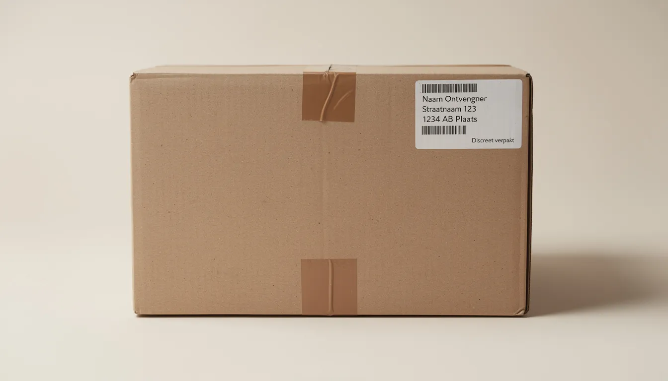 De afbeelding toont een discrete pakketverpakking voor thuisbezorging, ontworpen voor de veilige levering van medicijnen zoals clonazepam. De verpakking is stevig en zorgt ervoor dat de inhoud, die mogelijk gebruikt wordt voor de behandeling van epileptische aanvallen of psychische stoornissen, goed beschermd is tijdens transport.