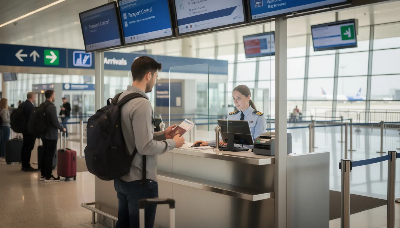 Een reiziger staat bij de paspoortcontrole op de luchthaven, waar hij zijn geldig reisdocument toont. Op de achtergrond zijn medewerkers te zien die controleren of de ingevulde gegevens kloppen en of er een schengenverklaring nodig is voor zijn reis.