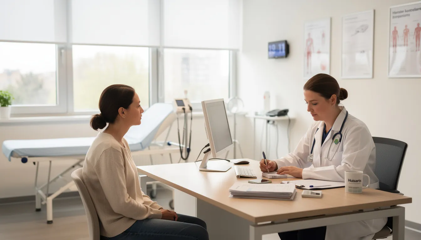 De afbeelding toont een arts die een recept uitschrijft aan een patiënt in een moderne spreekkamer. De arts legt uit hoe codeïne werkt als pijnstillend medicijn en bespreekt mogelijke contra-indicaties voor langdurig gebruik.