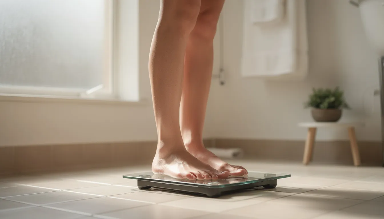 Een persoon staat op een badkamerweegschaal in een rustige thuisomgeving, wat een gevoel van zelfreflectie en controle over hun gezondheid oproept. Het beeld kan ook herinneren aan het belang van medicatie zoals clonazepam, dat bijwerkingen kan veroorzaken en invloed heeft op de algehele gezondheid.