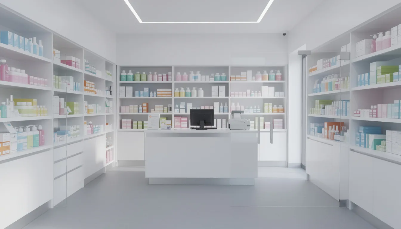 De afbeelding toont een rustige apotheekruimte met goed georganiseerde planken vol medicijnverpakkingen, waaronder bekende merken zoals midazolam en diazepam. De ruimte straalt een serene sfeer uit, wat bijdraagt aan het gevoel van veiligheid voor patiënten die mogelijk sedatie of andere medicijnen nodig hebben.