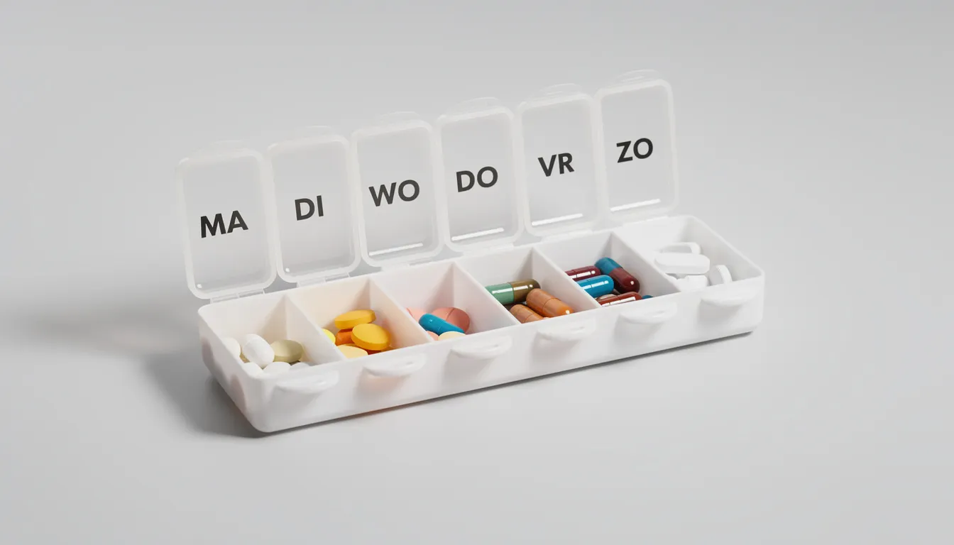 De afbeelding toont een pillendoos met vakjes voor elke dag van de week, ideaal voor het organiseren van medicijnen zoals clonazepam. Deze doos kan helpen bij het beheren van medicatie en het voorkomen van ernstige klachten door het juiste gebruik van voorgeschreven middelen.