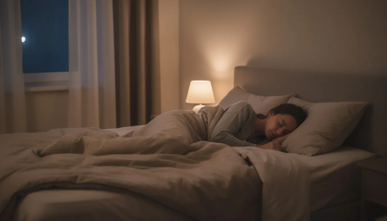 Een persoon ligt vredig te slapen in een comfortabel bed, omringd door zachte kussens en een warme dekens. De serene omgeving straalt rust uit, wat bevorderlijk kan zijn voor een goede nachtrust, vergelijkbaar met het effect van zopiclon bij ernstige slaapstoornissen.