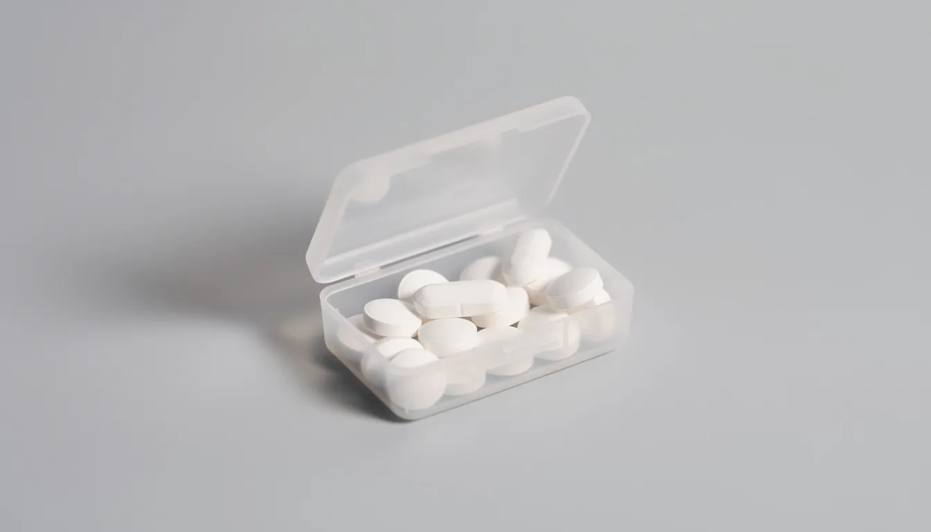 Een medicijndoosje met witte pillen staat centraal op een neutrale achtergrond. Dit beeld kan geassocieerd worden met het gebruik van clonazepam, een medicijn dat vaak wordt voorgeschreven voor epilepsieaanvallen en angststoornissen.