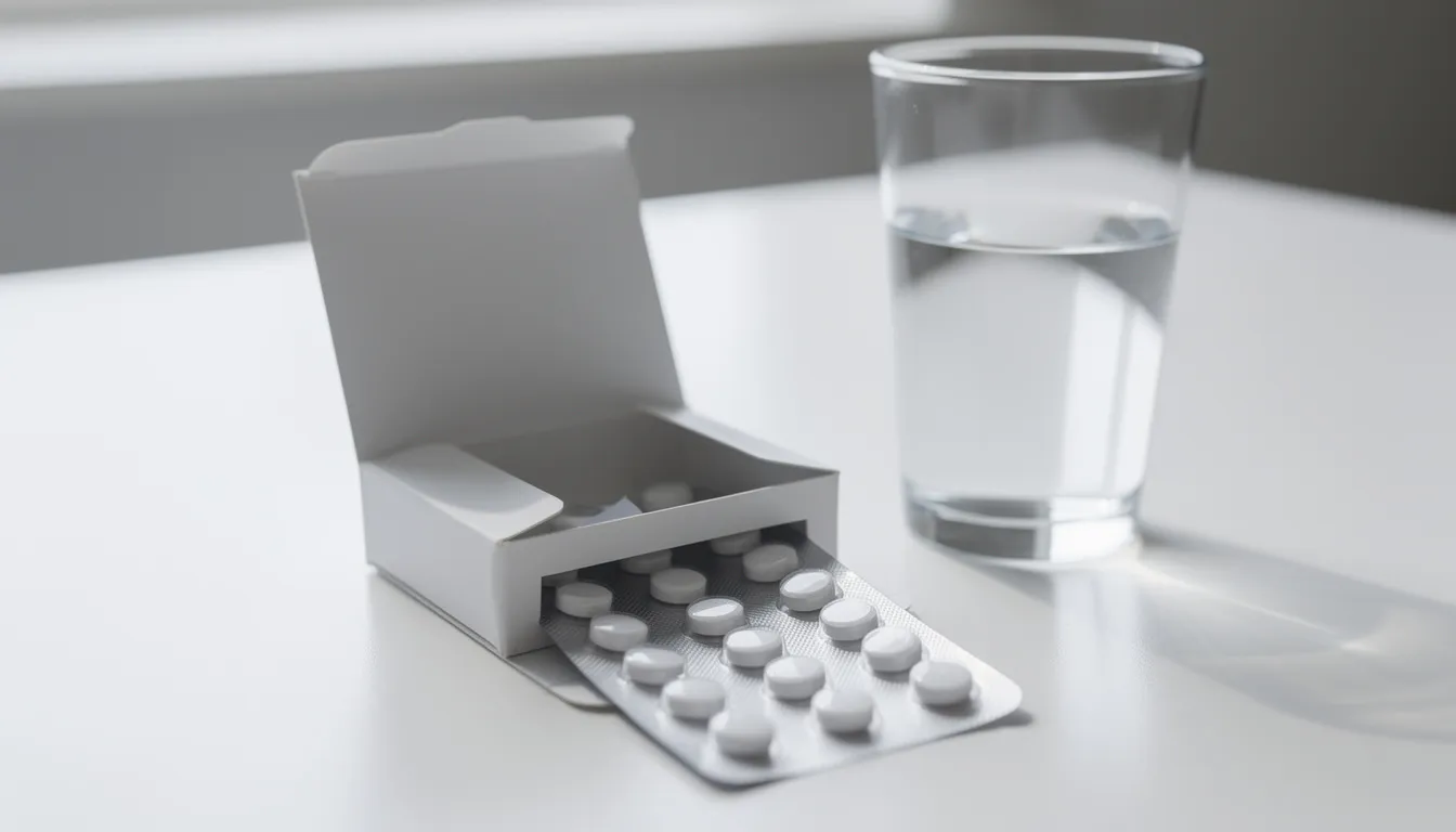 De afbeelding toont een doosje met filmomhulde tabletten, waarschijnlijk pijnstillers zoals Dafalgan codeïne, naast een glas water. Dit beeld kan verwijzen naar de symptomatische behandeling van ernstige pijn, waarbij voorzichtigheid geboden is, vooral bij langdurig gebruik of in combinatie met andere geneesmiddelen.