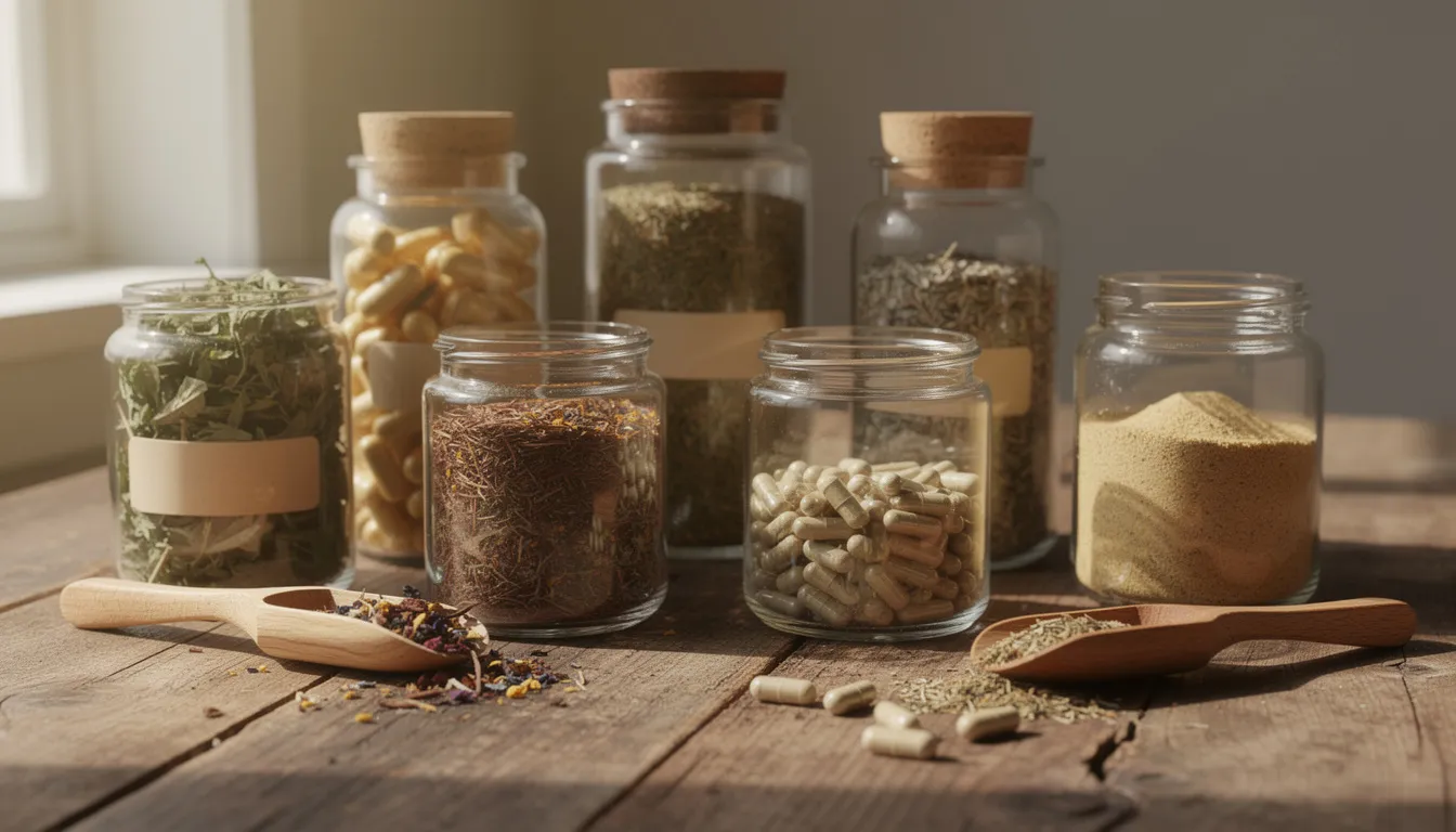 Op de afbeelding zijn glazen potjes met natuurlijke kruiden en supplementen te zien, zorgvuldig uitgestald op een houten tafel. Deze middelen kunnen een alternatief bieden voor slaapmedicatie en zijn bedoeld om te helpen bij slaapproblemen zoals slapeloosheid en stress, zonder de risico's van verslavende slaapmiddelen.