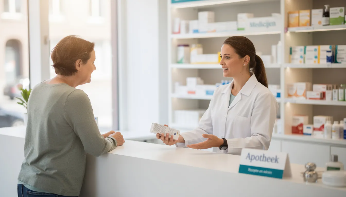 Een persoon staat aan de balie van de apotheek in gesprek met een apotheker, mogelijk over de inname van oxazepam voor het behandelen van angst en slapeloosheid. De apotheker legt de bijsluiter uit en bespreekt de juiste dosering en mogelijke bijwerkingen, zoals verminderde nierfunctie en depressieve gevoelens.