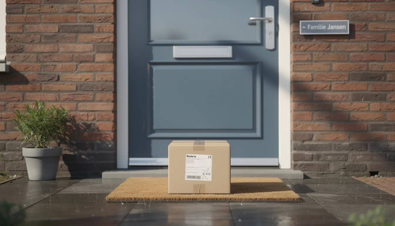 Een pakketje wordt afgeleverd aan de voordeur van een woning, met een bezorger die het zorgvuldig neerzet. Het pakketje kan mogelijk medicijnen bevatten, zoals pijnstillers of andere middelen, die soms langdurig gebruikt worden voor verschillende aandoeningen.