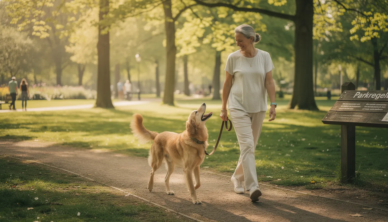 Een gelukkige hond wandelt samen met zijn eigenaar in een groen park, omringd door bomen en bloemen. De hond lijkt vrolijk en energiek, wat een mooi voorbeeld is van de band tussen huisdieren en hun eigenaren.
