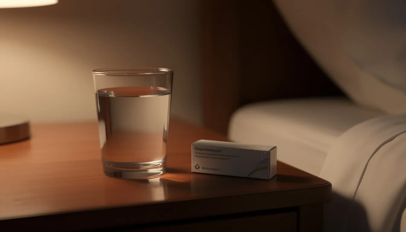 Een glas water staat naast een doosje medicijnen op een nachtkastje, wat kan wijzen op het gebruik van pijnstillers zoals codeïne of paracetamol. Deze medicijnen worden soms gebruikt voor de behandeling van pijn of hoest, maar langdurig gebruik kan leiden tot lichamelijke verslaving.