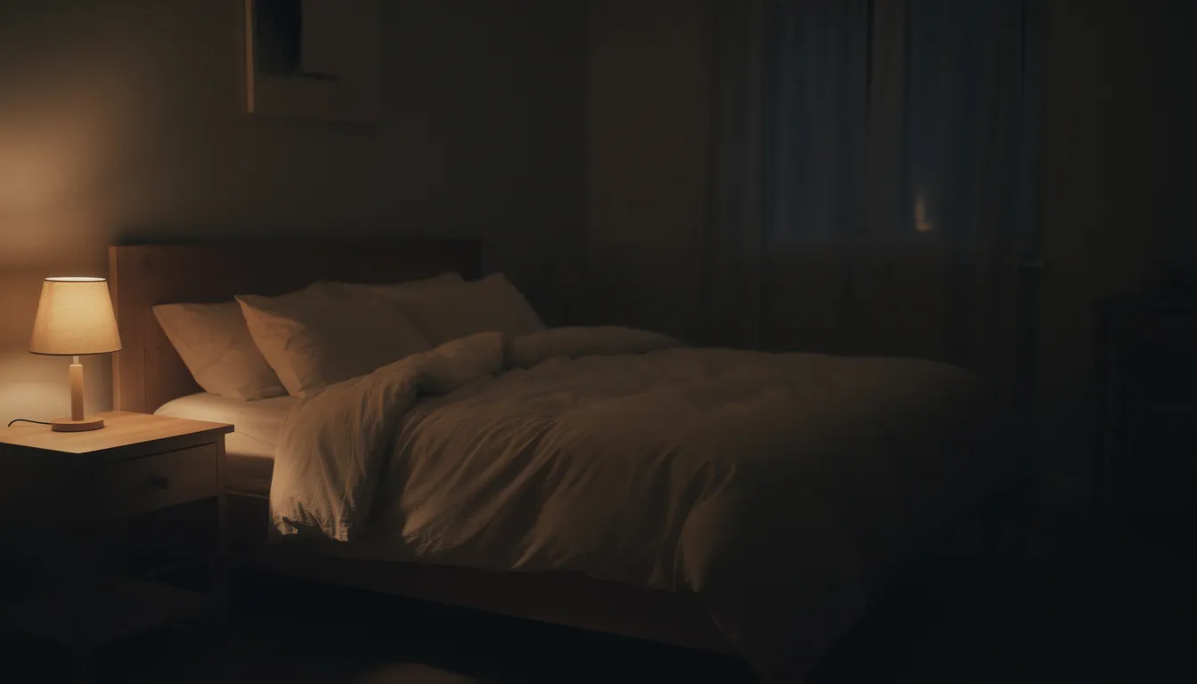 De afbeelding toont een rustige, donkere slaapkamer met een sfeervolle, zachte verlichting die een ontspannen sfeer creëert. De ruimte straalt kalmte uit, wat ideaal is voor een goede nachtrust, wat belangrijk kan zijn voor mensen die last hebben van ernstige slaapstoornissen.