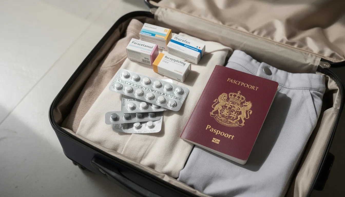 Een open reiskoffer bevat verschillende medicijnverpakkingen en een paspoort, wat aangeeft dat de reiziger medicijnen meeneemt voor de reis. De originele verpakking van de medicijnen en een medische verklaring kunnen nodig zijn voor een zorgeloze reis naar het buitenland.