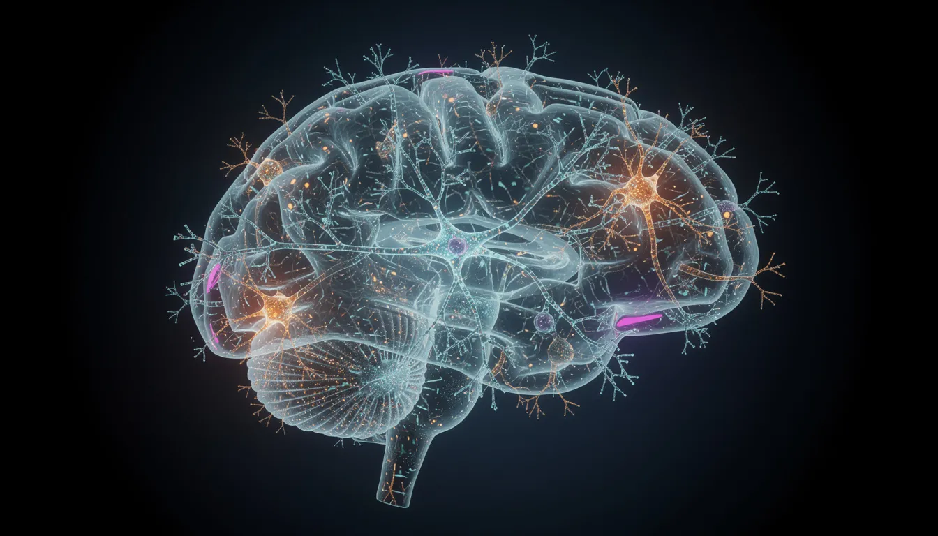 De afbeelding toont een menselijk brein met zichtbaar zenuwcellen en neurale verbindingen, wat de complexe structuur van het centraal zenuwstelsel illustreert. Dit beeld kan ook worden geassocieerd met onderwerpen zoals de werking van anti-epileptica en de impact van psychische stoornissen op de hersenfunctie.