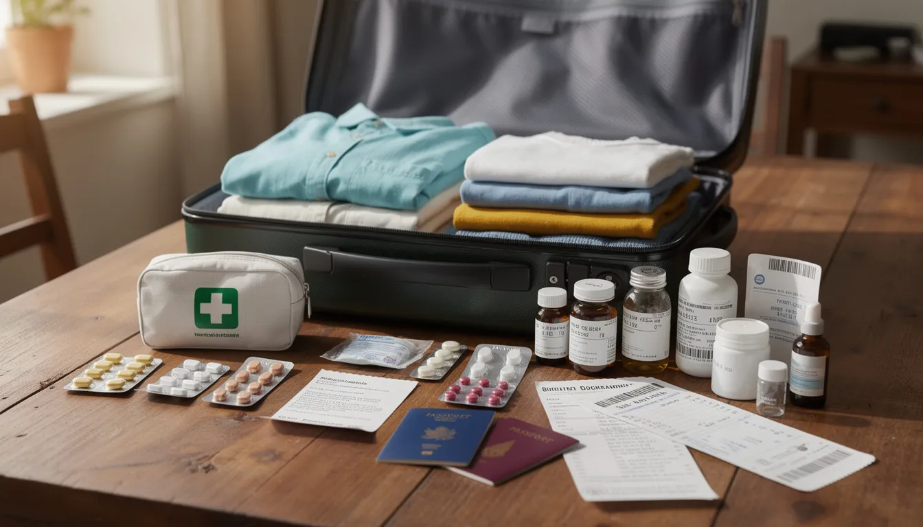 Een koffer ligt open op een tafel en bevat verschillende medicijnen in originele verpakking, samen met reisdocumenten zoals een goedgekeurde medische verklaring en een geldig reisdocument. De medicijnen zijn zorgvuldig ingepakt, wat belangrijk is voor reizen naar het buitenland, vooral als sterke pijnstillers of slaapmiddelen worden meegenomen.