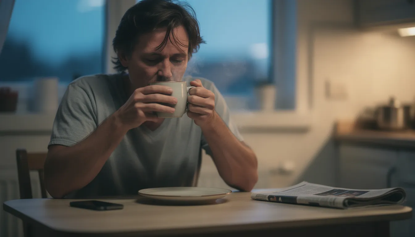 De afbeelding toont een vermoeid uitziende persoon die 's ochtends koffie drinkt, met een blik van slaperigheid op zijn gezicht. Deze situatie kan wijzen op slaperigheid overdag, mogelijk door het gebruik van korter werkend slaapmiddel zoals zopiclon, wat het reactievermogen kan verminderen.
