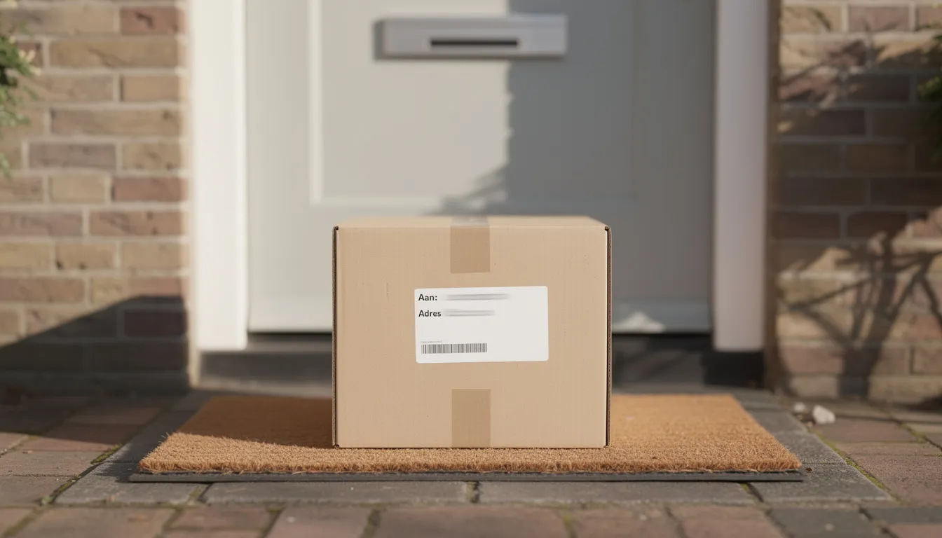 Een neutrale pakketdoos ligt op een deurmat bij een thuislevering, wat aangeeft dat er een medicijn of product is afgeleverd. De doos kan mogelijk verband houden met geneesmiddelen zoals alprazolam of antidepressiva, die vaak voorgeschreven worden voor angststoornissen en slapeloosheid.