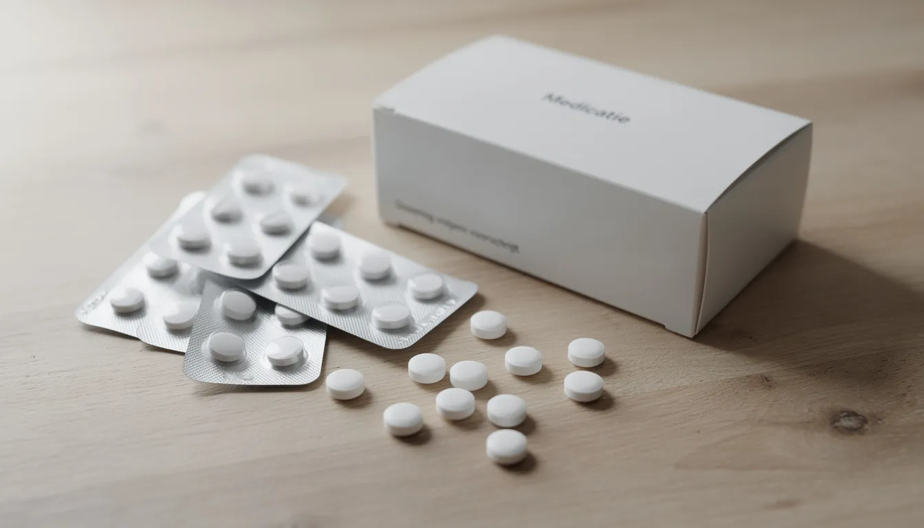 Op een houten tafel liggen witte medicijntabletten in een neutrale verpakking, die vaak worden voorgeschreven voor slaapproblemen en angststoornissen, zoals temesta en normison. Deze orale medicatie kan bij langdurig gebruik leiden tot lichamelijke afhankelijkheid en andere bijwerkingen zoals sufheid en verminderde oplettendheid.