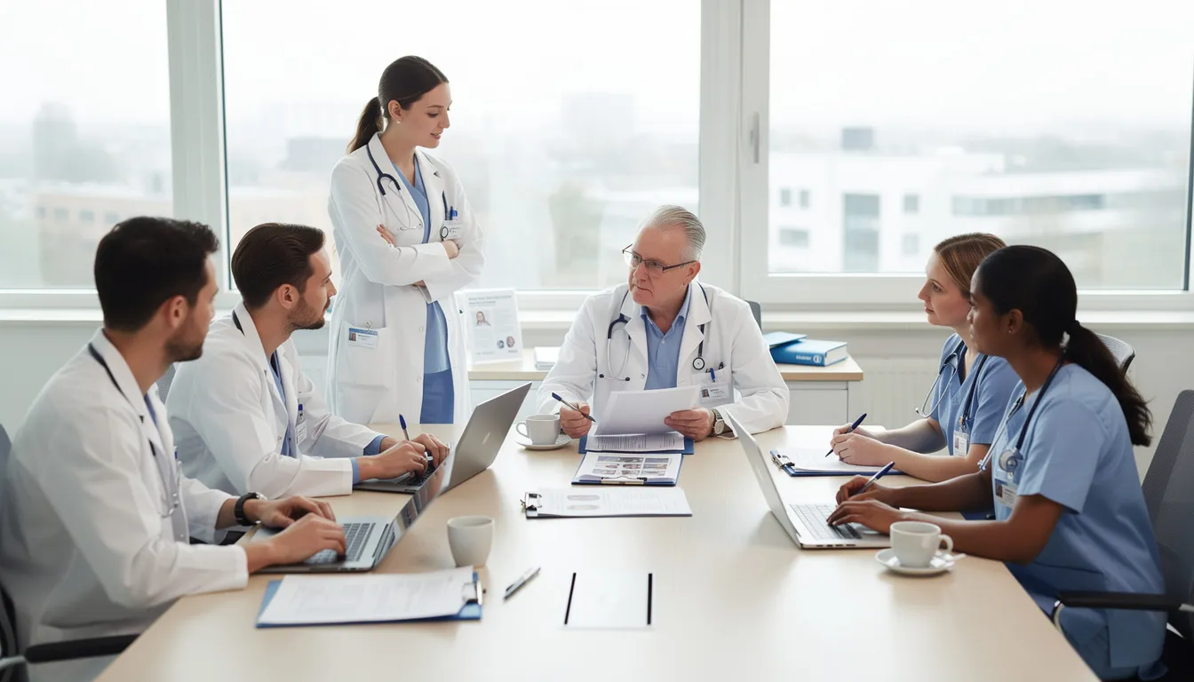 Een medisch team is in overleg aan een vergadertafel, waar ze belangrijke kwesties bespreken met betrekking tot het gebruik van benzodiazepines zoals oxazepam tijdens de zwangerschap. Ze overwegen de risico's, zoals het floppy infant syndroom en de effecten op de ademhaling van pasgeborenen.