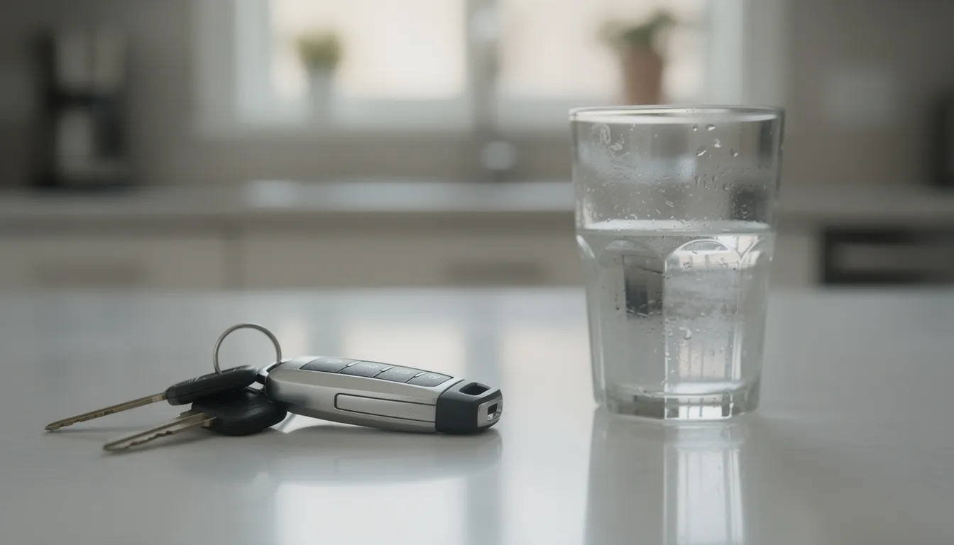 Op een keukentafel liggen autosleutels naast een glas water, wat een alledaagse scène oproept. Deze afbeelding kan herinneren aan het belang van alertheid en concentratie, vooral voor mensen die medicijnen zoals clonazepam gebruiken, die slaperigheid en verminderde concentratie kunnen veroorzaken.