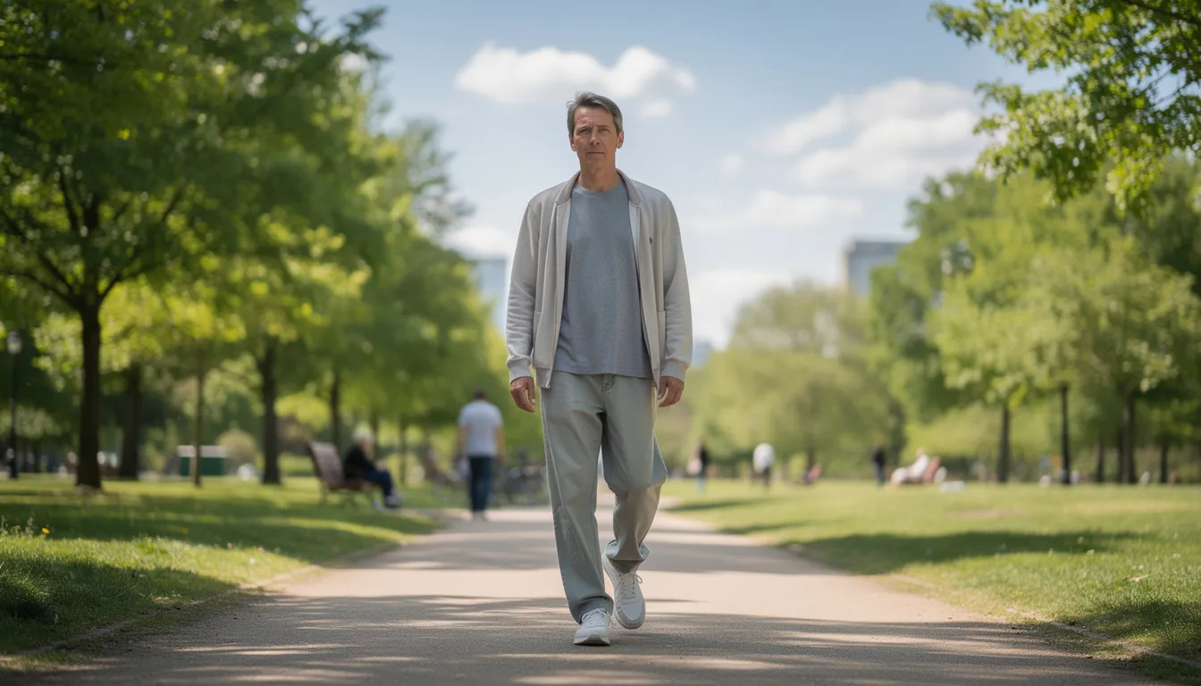 Een volwassene wandelt in comfortabele kleding door een park op een zonnige dag. De persoon lijkt ontspannen en geniet van de frisse lucht, wat bijdraagt aan een gevoel van welzijn, wat belangrijk is voor mensen die mogelijk medicijnen zoals clonazepam gebruiken voor hun behandeling.