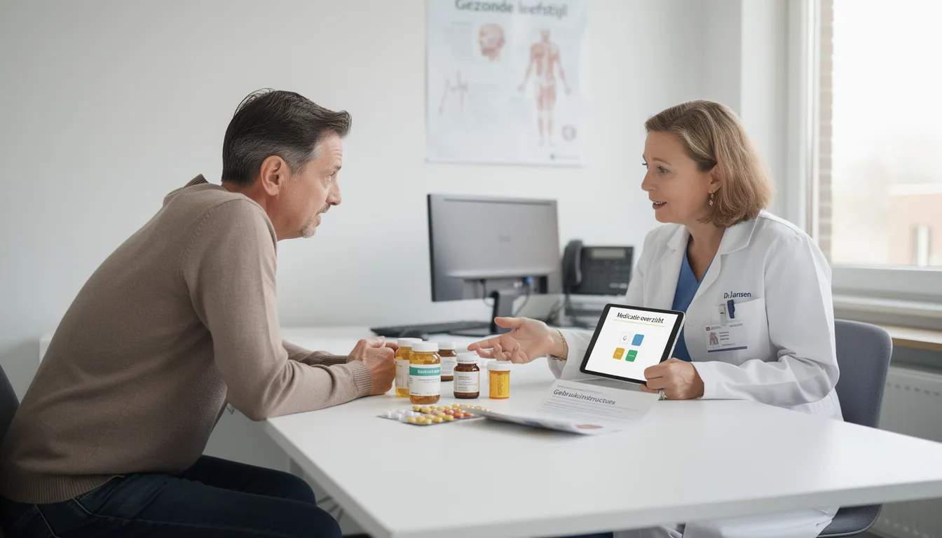Een arts zit aan een bureau en bespreekt met een patiënt de medicatie, waaronder clonazepam, en de mogelijke bijwerkingen zoals verminderde concentratie en ernstige ademhalingsstoornissen. De patiënt lijkt aandachtig te luisteren terwijl er aandacht is voor de controle van psychische afhankelijkheid en de noodzaak van voortdurende monitoring.