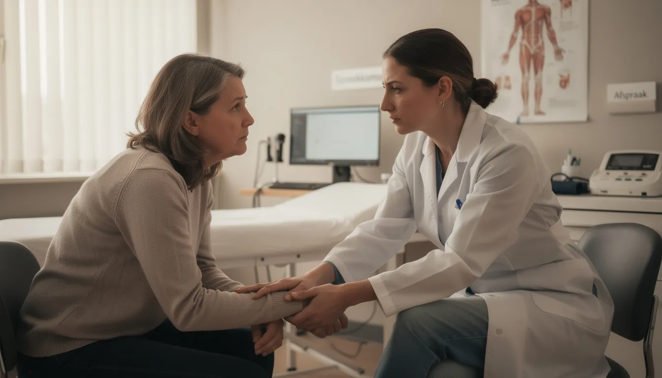 Een arts spreekt een patiënt ondersteunend toe in een spreekkamer, waarbij ze samen de mogelijkheden van pijnbestrijding bespreken, waaronder voorgeschreven medicijnen zoals codeïne en paracetamol voor het verlichten van pijn. De arts legt ook de mogelijke bijwerkingen uit, zoals slaperigheid en constipatie, en benadrukt het belang van de juiste dosering.