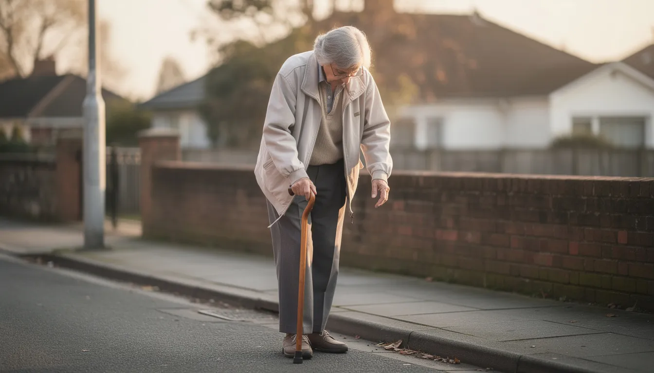 Een oudere persoon loopt voorzichtig met de ondersteuning van een wandelstok, wat duidt op een mogelijke vermindering van mobiliteit. Deze situatie kan verband houden met de effecten van medicatie zoals alprazolam, die vaak wordt voorgeschreven voor angststoornissen.