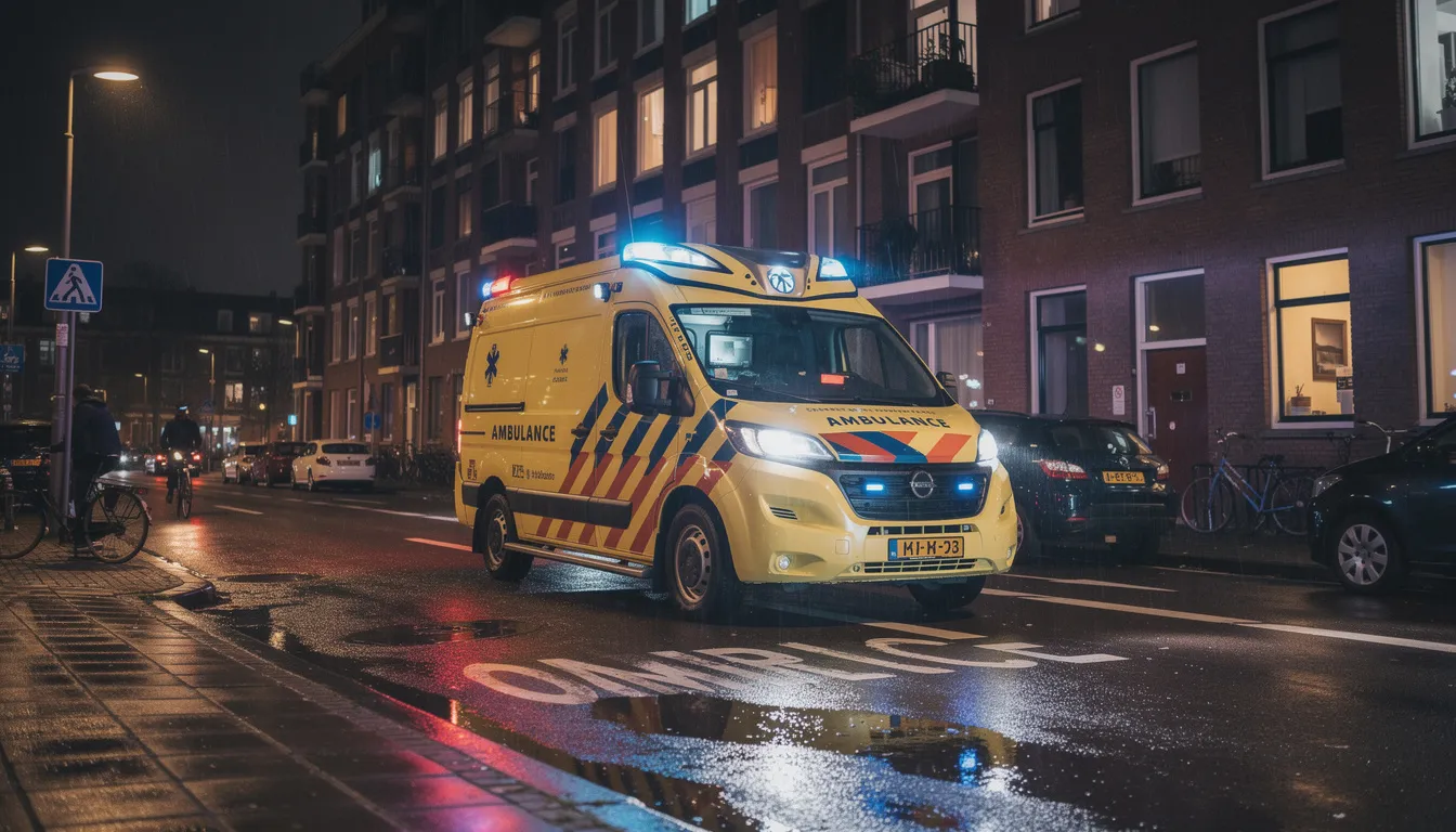 Een ambulance met flitsende zwaailichten rijdt door een drukke stedelijke omgeving, klaar om hulp te bieden aan patiënten met ernstige klachten. De aanwezigheid van de ambulance kan wijzen op situaties waarin medicatie zoals clonazepam mogelijk betrokken is, vooral bij gevallen van overdosering of psychische afhankelijkheid.
