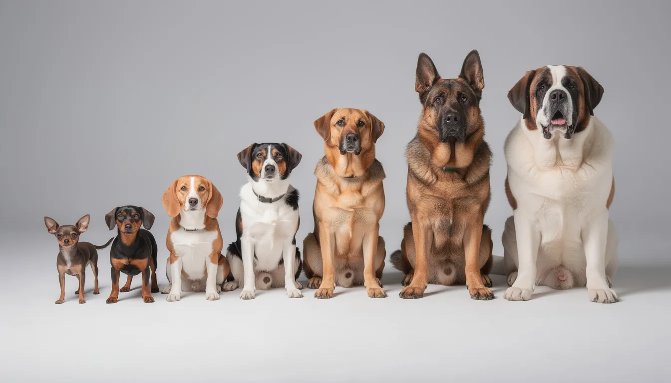 Een groep verschillende hondenrassen staat naast elkaar, variërend van klein tot groot. De honden zijn vrolijk en divers, wat een mooi overzicht geeft van de verscheidenheid aan huisdieren die mensen kunnen hebben.