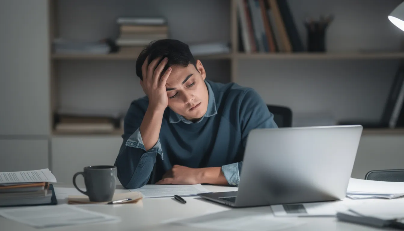 Een vermoeide persoon zit achter een bureau met zijn hand tegen het hoofd, wat wijst op mentale uitputting of stress. Deze afbeelding kan gevoelens van angst of depressie oproepen, die vaak geassocieerd worden met lichamelijke verschijnselen zoals verminderde coördinatie en slaperigheid.