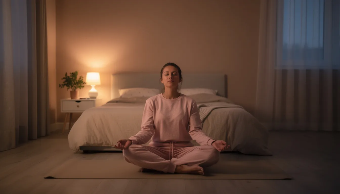 Een persoon voert ontspanningsoefeningen uit in een rustige slaapkamer met gedimde verlichting, wat bijdraagt aan een kalme sfeer die kan helpen bij het inslapen en het verminderen van psychische klachten. Deze omgeving is ideaal voor diegenen die worstelen met slapeloosheid en de effecten van slaapmedicatie zoals zopiclon of temazepam.