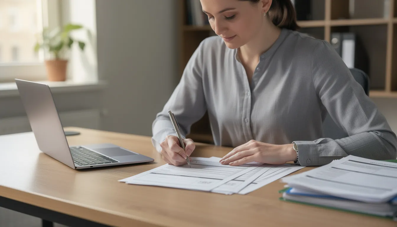 Een persoon zit aan een bureau en vult formulieren in, mogelijk voor een medische verklaring of schengenverklaring. De ingevulde gegevens zijn belangrijk voor het verkrijgen van goedkeuring voor het meenemen van medicijnen tijdens de reis.