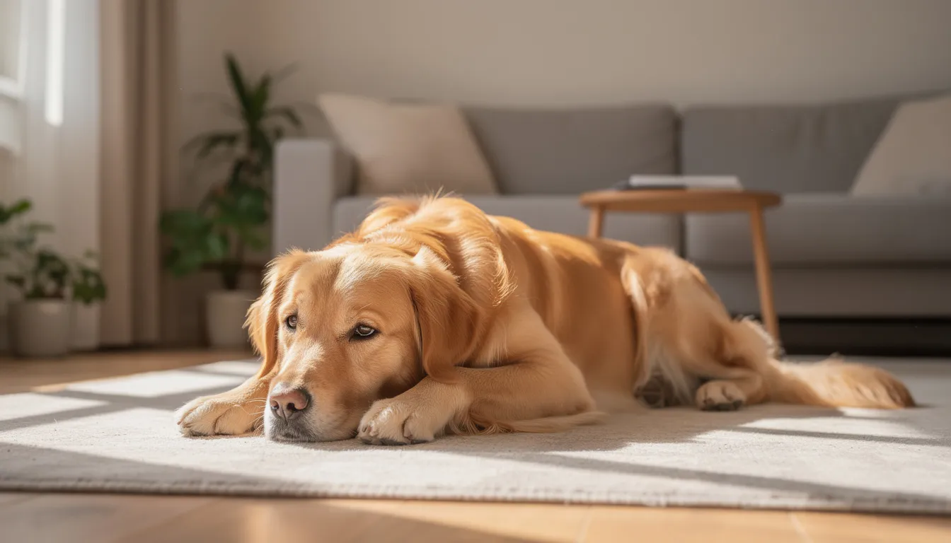 Een rustige golden retriever ligt ontspannen op een zacht kleed in een huiskamer, omringd door comfortabele meubels. De hond geniet van een moment van rust, wat belangrijk is voor zijn welzijn en gezondheid, vooral bij het gebruik van medicatie zoals diazepam of midazolam voor bepaalde aandoeningen.