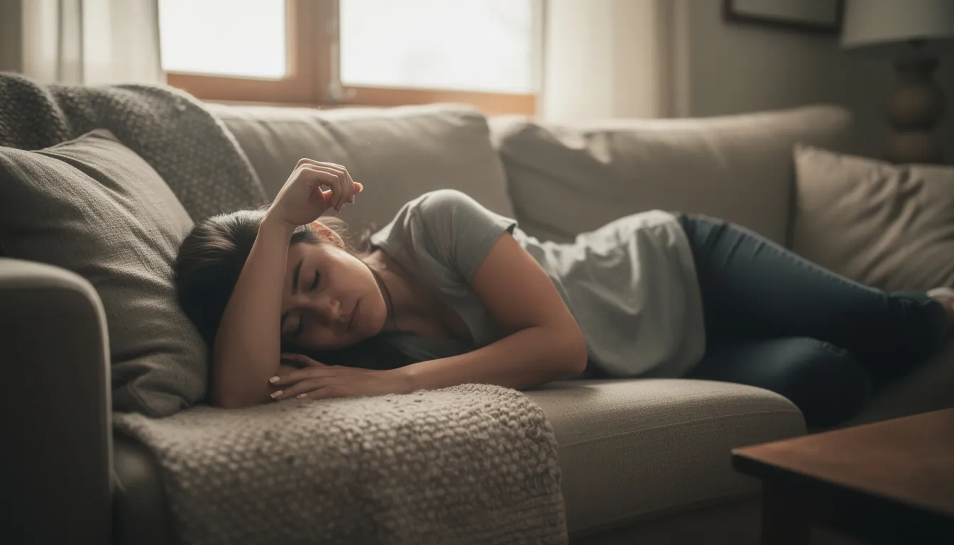Een vermoeide persoon ligt op een bank met een hand tegen het voorhoofd, wat duidt op pijn of ongemak. Deze houding kan wijzen op de effecten van chronische pijn, waarvoor mogelijk sterke pijnstillers zoals codeïne zijn voorgeschreven.
