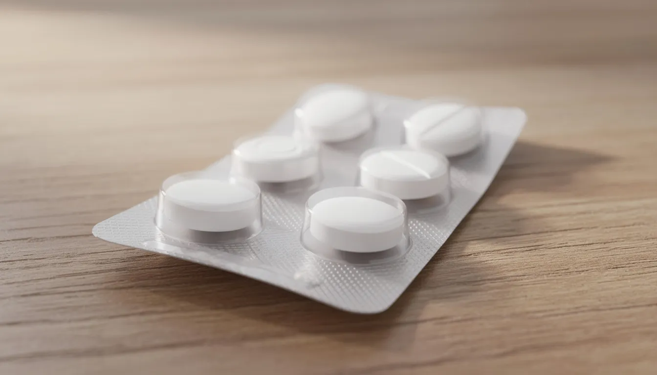 Op de houten tafel liggen witte tabletten in een blisterverpakking, mogelijk clonazepam, dat vaak wordt voorgeschreven voor de behandeling van epilepsie en angststoornissen. Het gebruik van dit medicijn kan bijwerkingen zoals slaperigheid en verminderde concentratie veroorzaken, vooral bij langdurig gebruik.