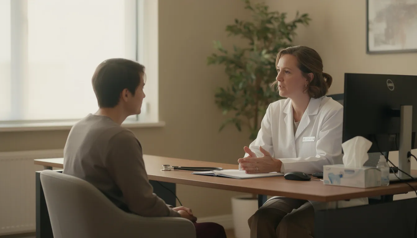 Een arts en een patiënt zitten samen in een rustige omgeving voor een ondersteunend gesprek. De arts bespreekt mogelijke behandelingen voor angststoornissen, zoals het gebruik van alprazolam en andere medicatie, terwijl de patiënt zijn gevoelens en zorgen deelt.