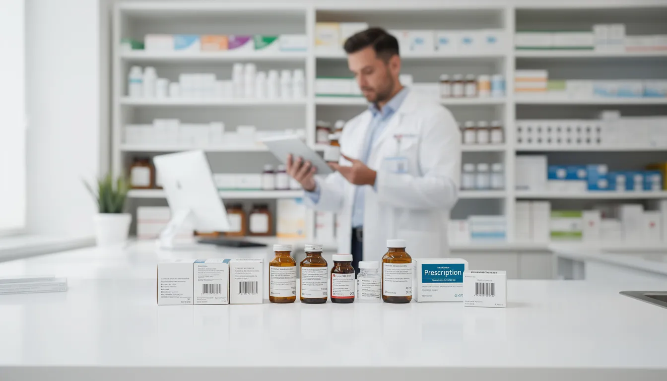 Een professionele apotheekbalie met verschillende medicijnflessen en een apotheker op de achtergrond, waar patiënten mogelijk informatie krijgen over medicijnen zoals clonazepam, dat voorgeschreven kan worden voor aandoeningen zoals epilepsie en angst. De apotheker biedt advies over het gebruik en de mogelijke bijwerkingen van geneesmiddelen, waaronder slaperigheid en verminderde concentratie.