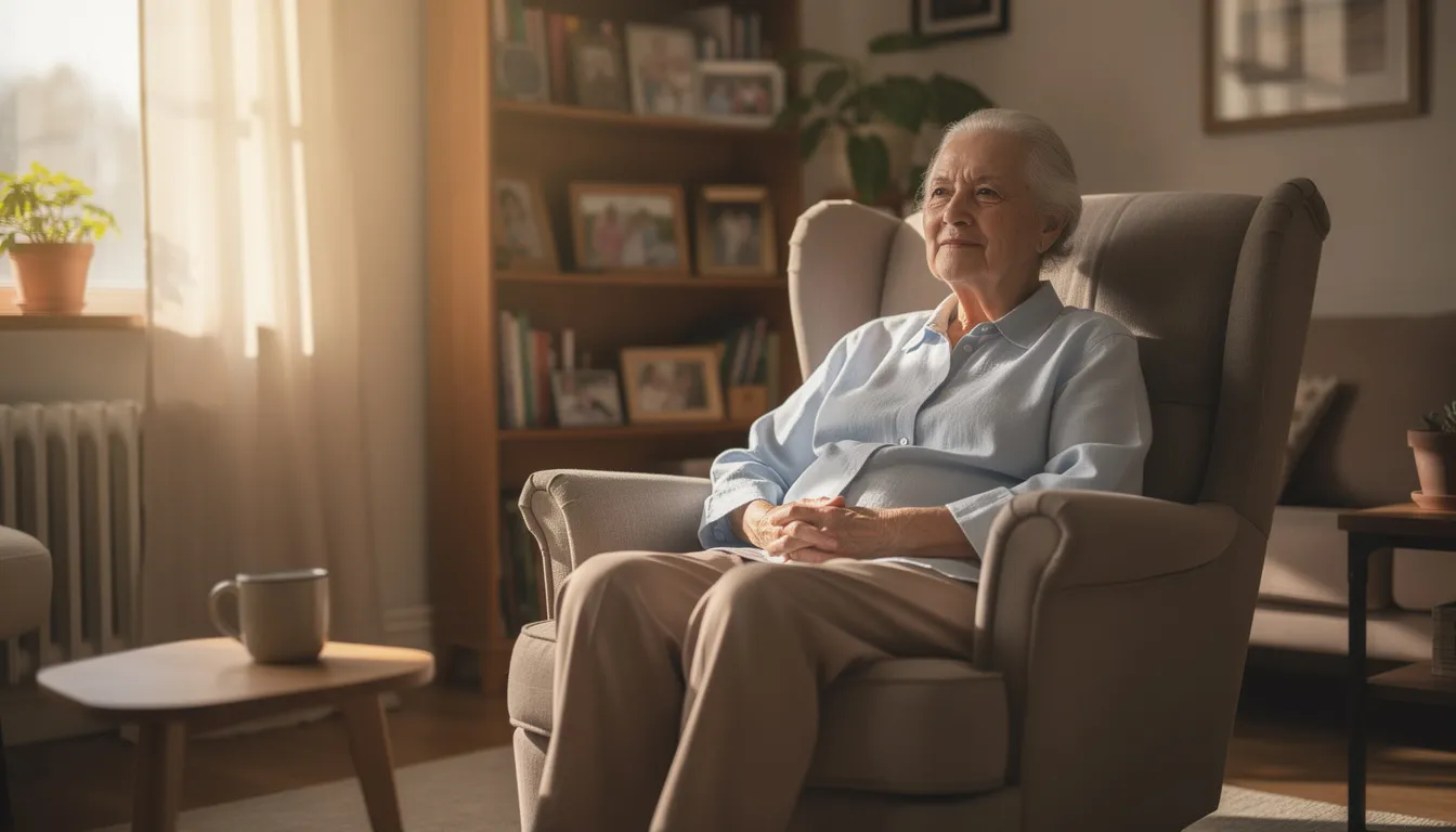 De afbeelding toont een oudere persoon die rustig zit in een huiselijke omgeving, omringd door een warme en gezellige sfeer. Deze situatie kan wijzen op het gebruik van medicatie zoals clonazepam, wat kan leiden tot symptomen zoals slaperigheid en een veranderd bewustzijn.